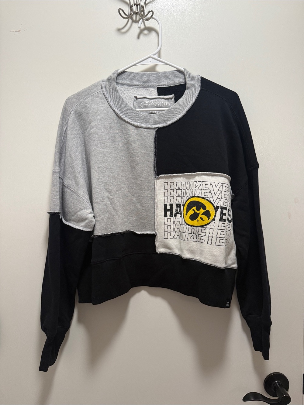 Pressbox Black Gray Yellow Iowa Hawkeyes Patch Crewneck Sweater